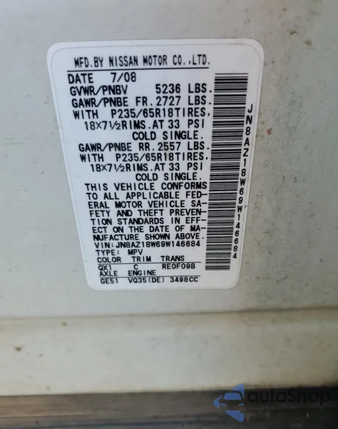 2009 Nissan Murano S z USA, uszkodzony, nr VIN JN8AZ18W69W146684